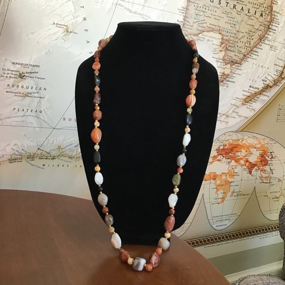 Vintage Polished Gemstone Beaded Necklace 34" Long Weighty Earth Tones - Picture 15 of 16